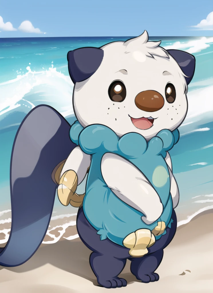 oshawott, furry, chibi, black eyes, solo, seashell, body fur, (best quality), beach background, detailed fluffy fur, looking at viewer, whiskers, smile, nose, (tail:1.1),