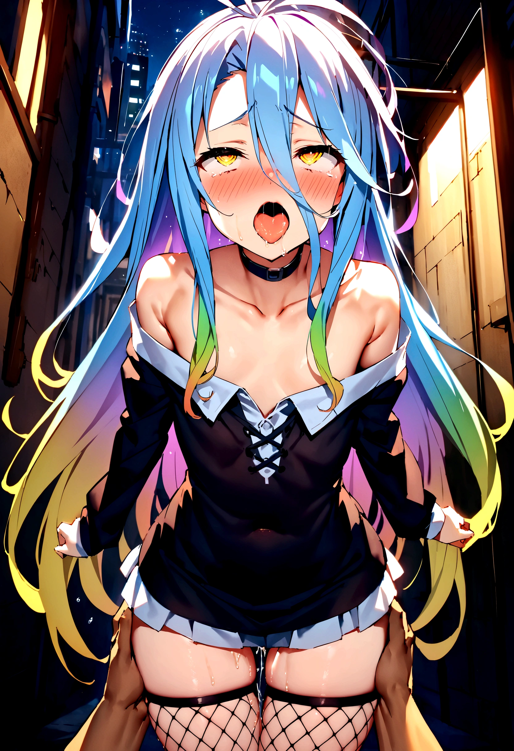 NSFW,masterpiece,Highest quality,High resolution,Super detailed,Shiro \(no game No life\),Long Hair,Multicolored Hair,Hair between the eyes,Gradient Hair,Yellow Eyes,Flat Chest,Slave,Off the shoulder,cropped,Micro Mini Skirt,Fishnet tights,Downtown at night,alley,Oho face,Embarrassed,blush,Leg spread,orgasm,Falling into Pleasure,Climax,Squirting,Ahegao,Roll your eyes、squint,One man,(Having sex)
