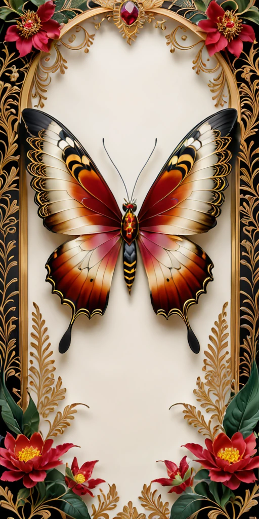 A high-resolution, symmetrical composition photo featuring a giant butterfly with wings made of fire phoenix feathers. The butterfly has a long, feathered tail that extends gracefully. Its body is adorned with a fiery red ruby at the center, exuding a regal aura. The wings and tail incorporate a gold motif, with intricate, gothic patterns woven throughout. The background is rich and textured, complementing the royal style and enhancing the luxurious, ornate details of the butterfly. The overall scene is grand and majestic, evoking a sense of elegance and power.