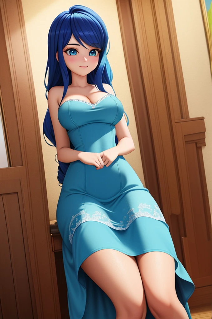 (8k, RAW photo, best quality, masterpiece:1.2), (intricate details), perfect eyes, perfect face, perfect lighting, beautiful, (masterpiece:1.2), (best quality:1.2), 1girl, solo, Marinette, blue hair, ((long loosen hair)), adult torso, s old, slight smile, huge sized breasts, ( blue dress), cowboy shot, 3DMM, seated, front view