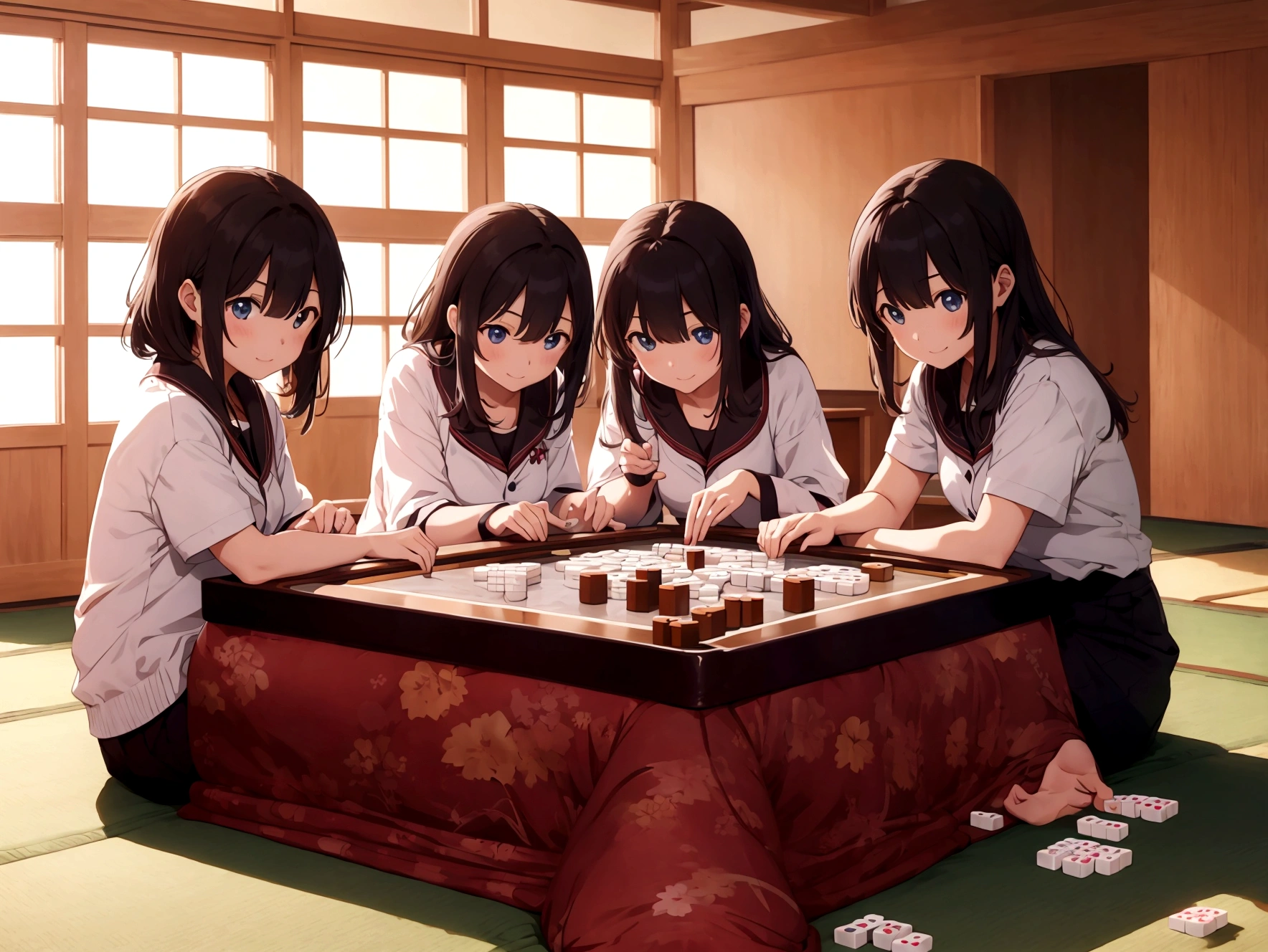 Four girls playing mahjong at the kotatsu