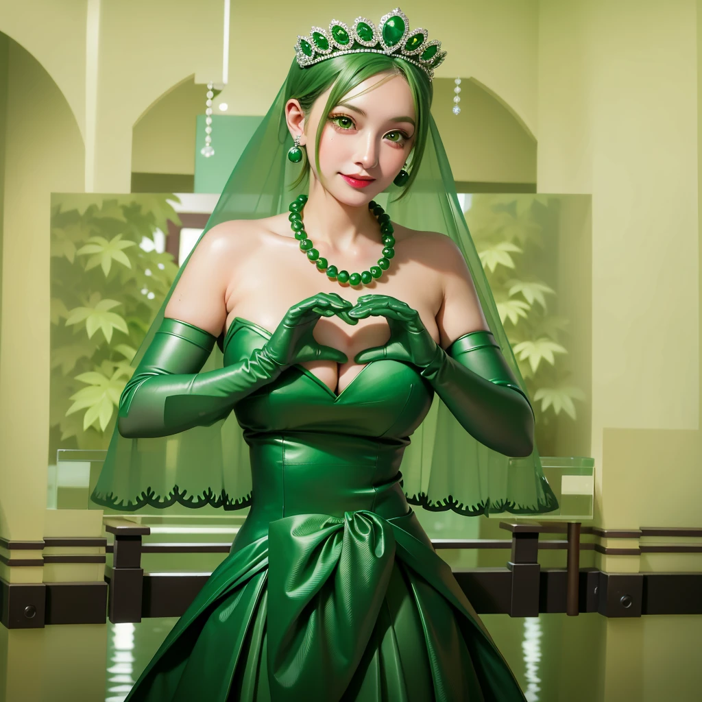 Emerald tiara, Green Pearl Necklace, ボーイッシュな非常に短いGreen Hair, Green Lips, Smiling Japanese woman, Very short hair, Busty beautiful lady, Green Eyes, Green satin long gloves, Green Eyes, Emerald Earrings, Green veil, Heart with both hands, Green Hair, Beautiful Japanese Women, Heart shaped hands:1.3, green lip gloss