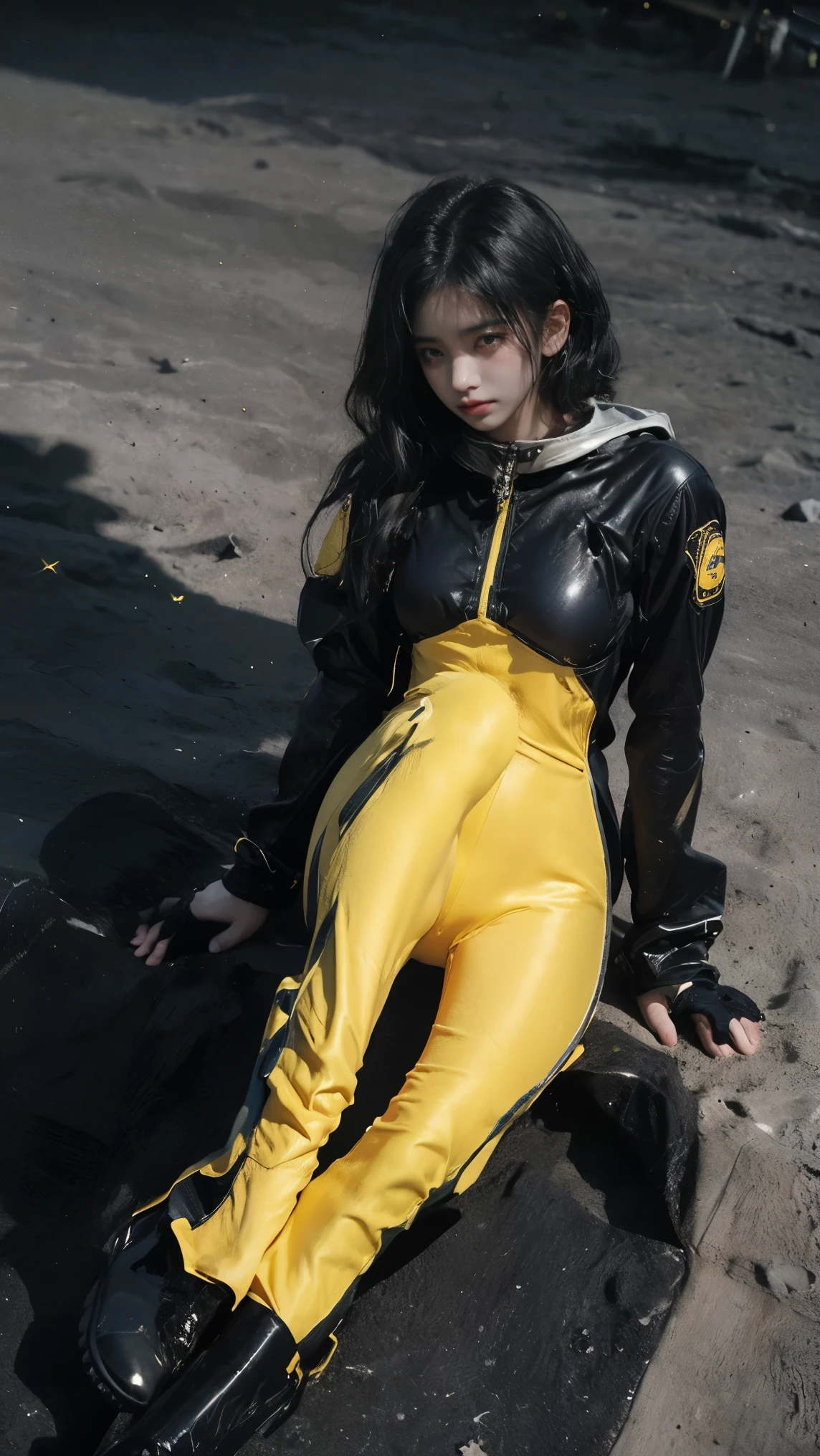 21yo girl,black hair,bob hair, (wearing astronout suit), (yellow astronout suit),(astronout suit),(shoes astronout),(boots), natural medium breast, plump body, (on moon), single sidelock hairpin blush modern cinematic lighting,ray tracing,drop shadow wide shot UHD,textured skin,high details,best quality 4K