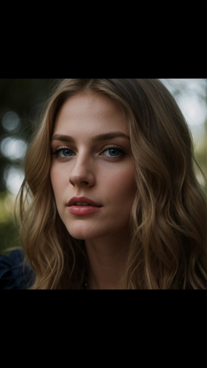 Photo of a 30-year-old blonde, dark big blue eyes, he has a very natural face, wide lips, Thin eyebrows, pointy nose, long eyelashes. the face looks straight into the camera from the front, red corset dress, nice cleavage, Ultra textured skin