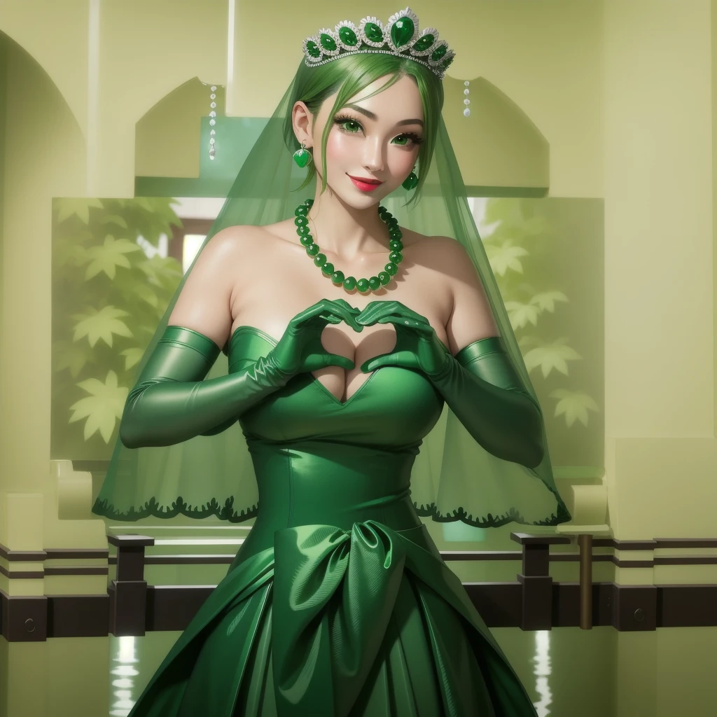 Emerald tiara, Green Pearl Necklace, ボーイッシュな非常に短いGreen Hair, Green Lips, Smiling Japanese woman, Very short hair, Busty beautiful lady, Green Eyes, Green satin long gloves, Green Eyes, Emerald Earrings, Green veil, Heart with both hands, Green Hair, Beautiful Japanese Women, Heart shaped hands:1.3, green lip gloss
