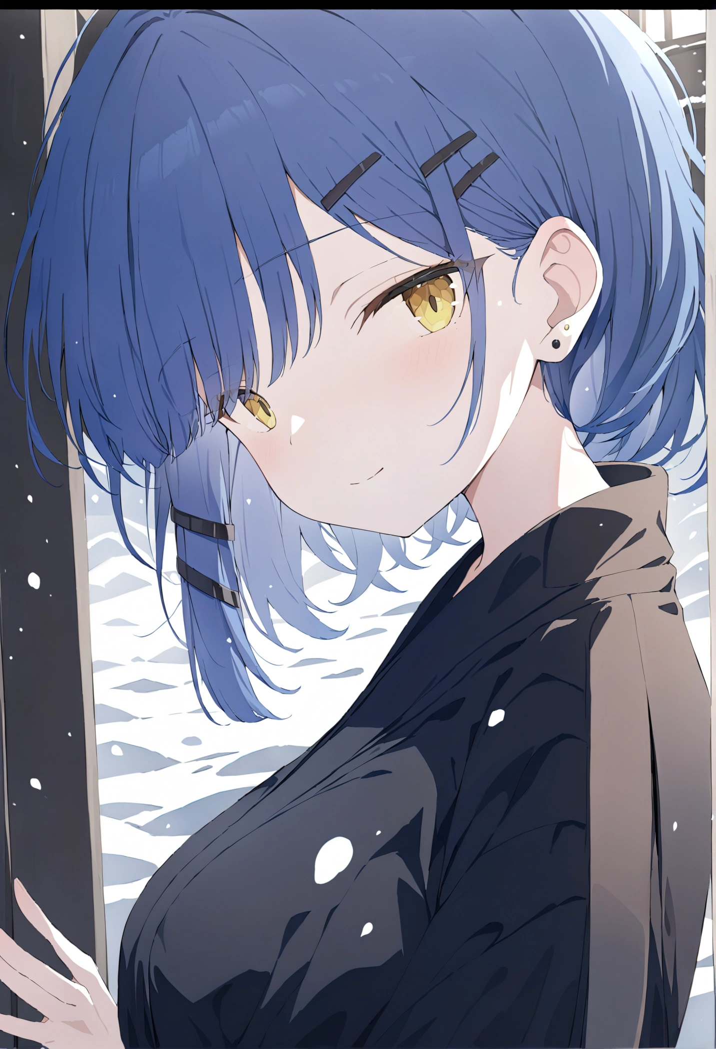 (best quality, highres, masterpiece : 1.4), (flatten art : 0.8), masterpiece, (best quality), 1woman, anime, deep blue hair hair, 2 black hair clip, black pin earring, fair skin, faint yelllow eyes, medium sized breast, faint smile, (detailed face), black yukata, close-up, snow, snowfall, alluring, dynamic angle, eyes to the viewer