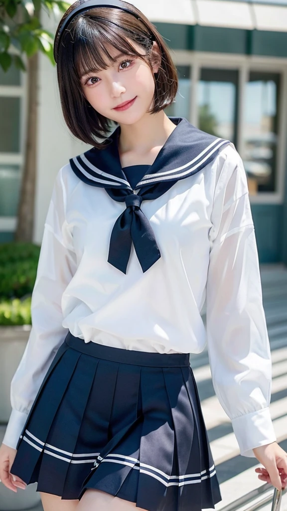 Black Hair、(School-designated sailor uniform:1.3)、short hair、hair accessory、Laugh a little、See-through、High-quality panties available、(Highest quality,masterpiece:1.3,Ultra-high resolution,),(Ultra-detailed,Caustics),(Photorealistic:1.4,RAW shooting,)Ultra-Realistic Capture,Very detailed,High resolution 16K human skin closeup。 The skin texture is natural、