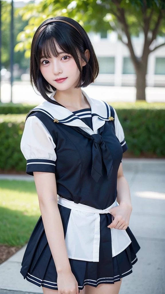 Black Hair、(School-designated sailor uniform:1.3)、short hair、hair accessory、Laugh a little、See-through、High-quality panties available、(Highest quality,masterpiece:1.3,Ultra-high resolution,),(Ultra-detailed,Caustics),(Photorealistic:1.4,RAW shooting,)Ultra-Realistic Capture,Very detailed,High resolution 16K human skin closeup。 The skin texture is natural、