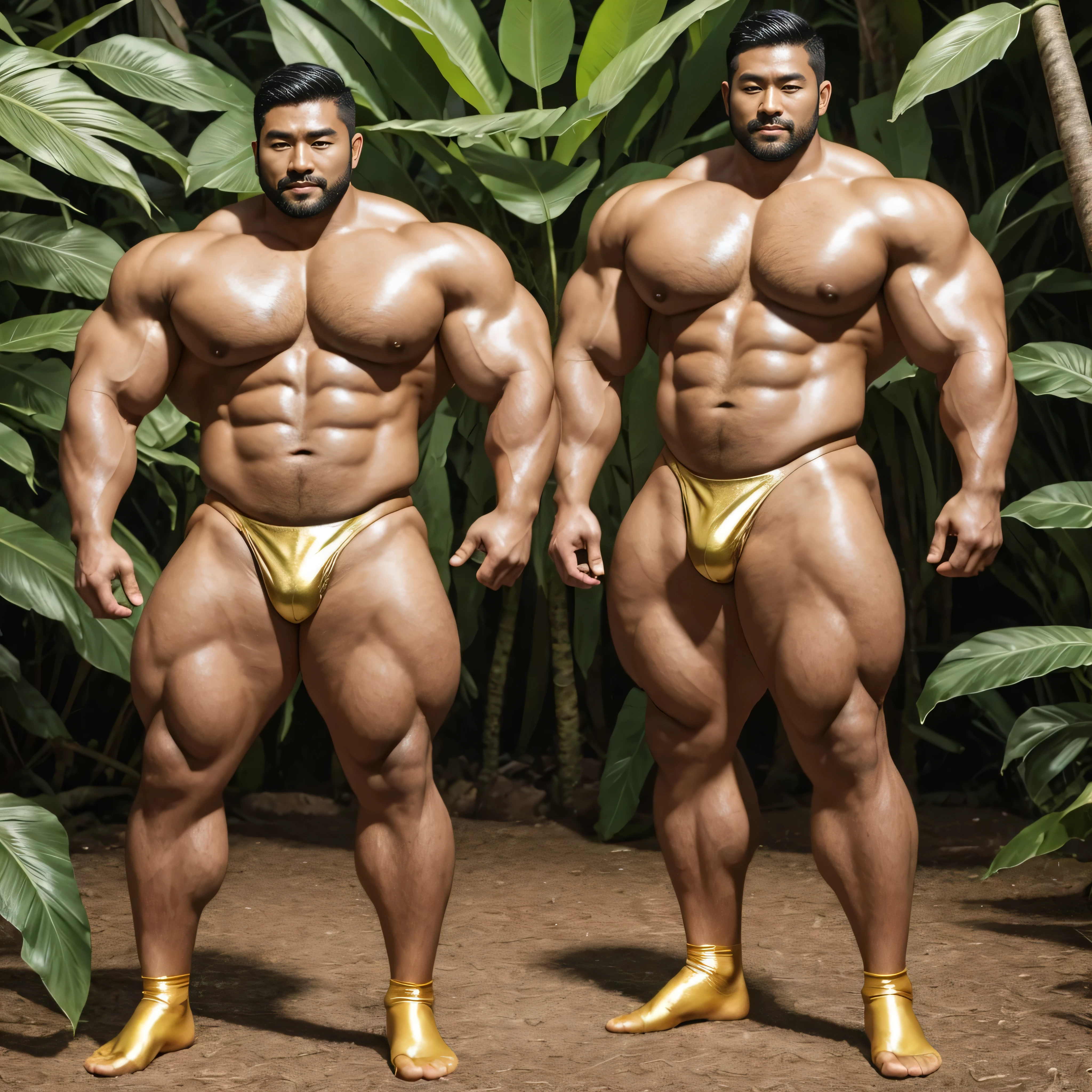 There is only one handsome Asian actor in the photo,35 years old,High target, Fitness,short hair, O-Shaped Beard,Perfect body, Dark skin color,Radiant Skin,Smooth skin,Muscle bulge, muscular, Very large pectoral muscles,Very sexy abdominal muscles,Very well-developed leg muscles,Huge concave and convex area,Brightens oily skin,Wearing a gold leather shiny thong,Handsome face, Correct and accurate male body proportions, Wear black socks,Stand in the rainforest,Lots of tropical flowers around。