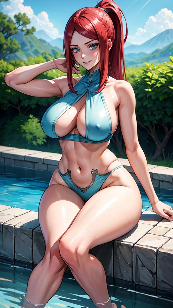uzumaki_kushina,massive large_breasts, large thighs,large_ass, solo, naked,hand on both boob, ponytail, masterpiece, best quality, detailed face, detailed eyes, highres, (masterpiece:1.4, best quality:1.2), (Highres), (Detailed Illustration), Ultra-Detailed, konohagakure, sitting,looking in front, smiling playfully,mischievous eyes,blue eyes