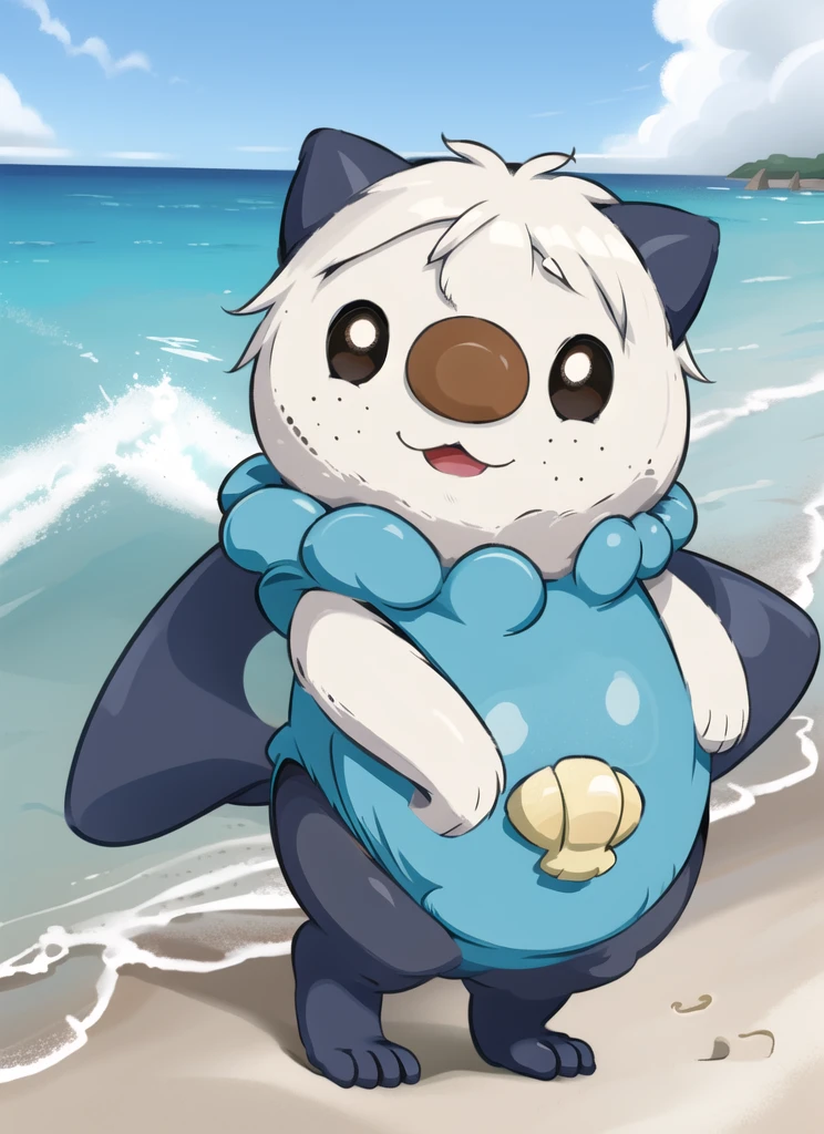 oshawott, furry, chibi, black eyes, solo, seashell, body fur, (best quality), beach background, detailed fluffy fur, looking at viewer, whiskers, smile, nose, (tail:1.1), 