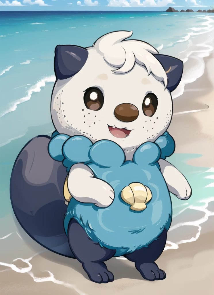 oshawott, furry, chibi, black eyes, solo, seashell, body fur, (best quality), beach background, detailed fluffy fur, looking at viewer, whiskers, smile, nose, (tail:1.1), 