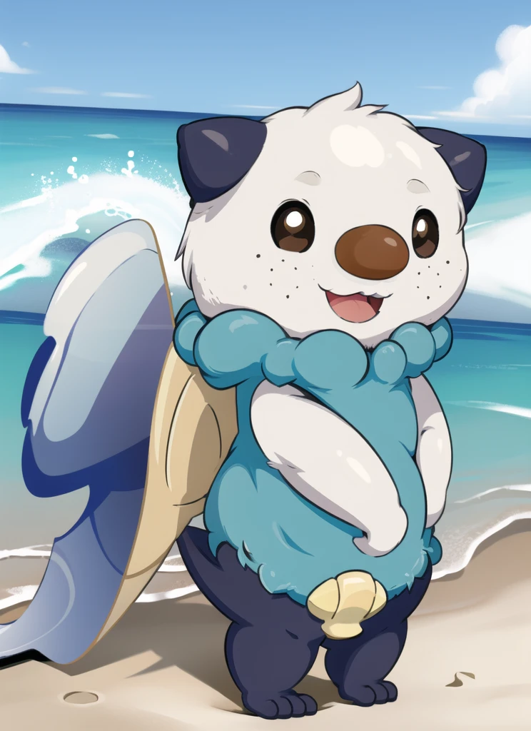 oshawott, furry, chibi, black eyes, solo, seashell, body fur, (best quality), beach background, detailed fluffy fur, looking at viewer, whiskers, smile, nose, (tail:1.1),