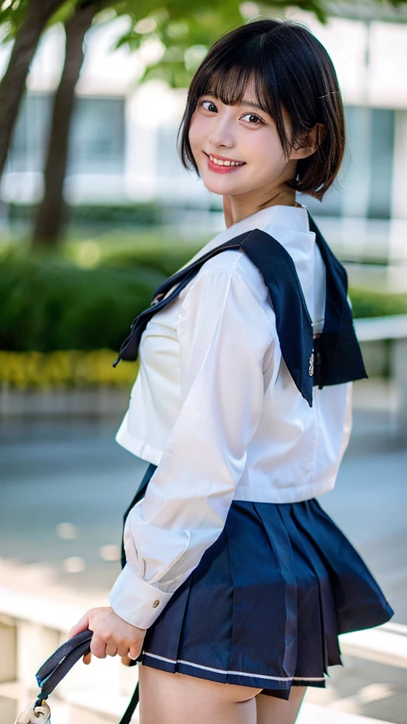 Black Hair、(School-designated sailor uniform:1.3)、short hair、hair accessory、Laugh a little、See-through、High-quality panties available、(Highest quality,masterpiece:1.3,Ultra-high resolution,),(Ultra-detailed,Caustics),(Photorealistic:1.4,RAW shooting,)Ultra-Realistic Capture,Very detailed,High resolution 16K human skin closeup。 The skin texture is natural、