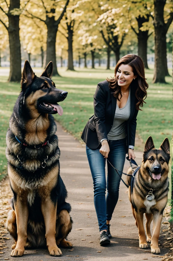 Lively woman with German shepherd dog in the park