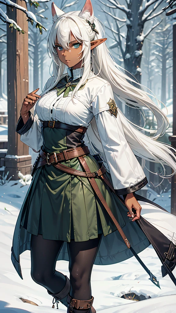 (face focus) (detailed face). Features: An adventurous elf tennager girl, with elven ears, dark skin, brown skinned, a slightly curvy but still flat body and thin waist. She has bright green eyes, big eyes, snow white hair, medium length straight hair, twintail hair style, double ponytail hairstyle and curtain bangs. She has a neutral, apathetic expression on her face. Outfit: She wears black and white adventurer clothes. White coat with buttoned sleeves, a black and white striped shirt underneath, a medium-sized white skirt, a black belt, black pantyhose and brown leather high-boots. Scenario: A dense pine forest by day.
