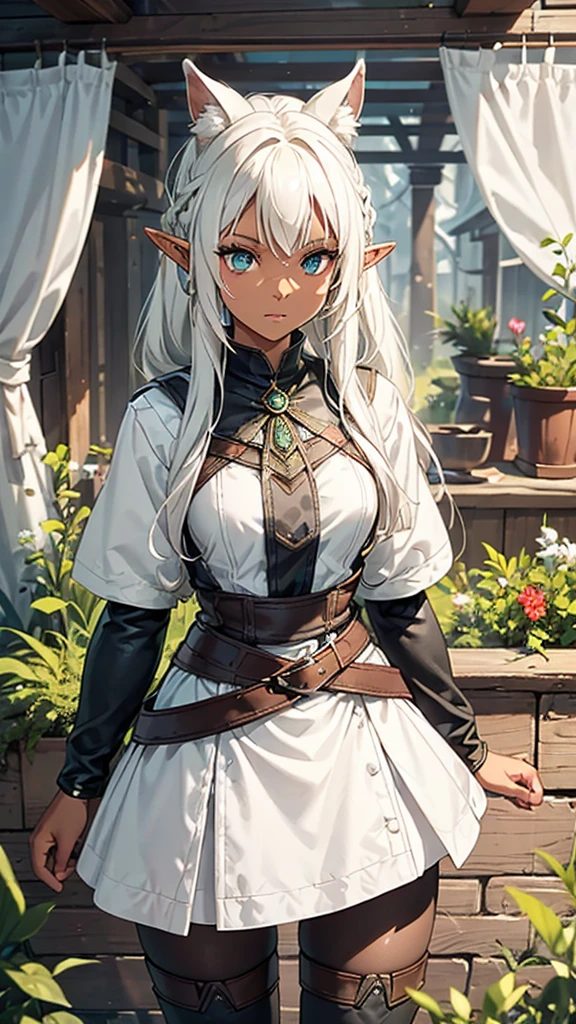 (face focus) (detailed face). Features: An adventurous elf tennager girl, with elven ears, dark skin, brown skinned, a slightly curvy but still flat body and thin waist. She has bright green eyes, big eyes, snow white hair, medium length straight hair, twintail hair style, double ponytail hairstyle and curtain bangs. She has a neutral, apathetic expression on her face. Outfit: She wears black and white adventurer clothes. White coat with buttoned sleeves, a black and white striped shirt underneath, a medium-sized white skirt, a black belt, black pantyhose and brown leather high-boots. Scenario: A dense pine forest by day.