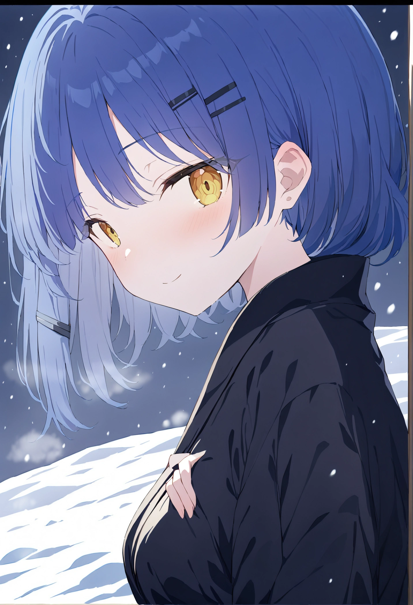 (best quality, highres, masterpiece : 1.4), (flatten art : 0.8), masterpiece, (best quality), 1woman, anime, deep blue hair hair, 2 black hair clip, fair skin, faint yelllow eyes, medium sized breast, faint smile, (detailed face), black yukata, close-up, snow, snowfall, alluring, eyes to the viewer