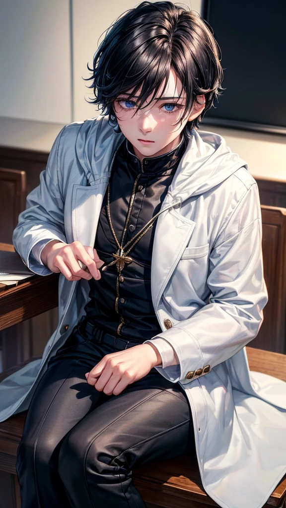 1boy, short black hair, blue eyes, white coat, black pants, sleeping on a stool, classroom background, (best quality,4k,8k,highres,masterpiece:1.2),ultra-detailed,(realistic,photorealistic,photo-realistic:1.37),anime,extremely detailed face and eyes,detailed clothing,natural lighting,intricate details
