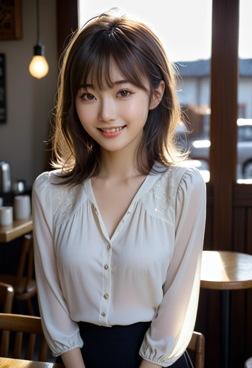 (Highest quality,8K quality,masterpiece:1.3),(Ultra-high resolution,Realistic:1.4,Live Shooting),(Very detailed,Caustics),(Ultra-Realistic Capture,Beautiful and detailed skin),19 years old,Beautiful Japanese, Medium Hair, Asymmetrical bangs, Brown Hair, I'm looking at the camera with a smile on my face,Soft Light,A ray of light shining from above,Natural light，((blouse))，(((One Woman))),Cafe