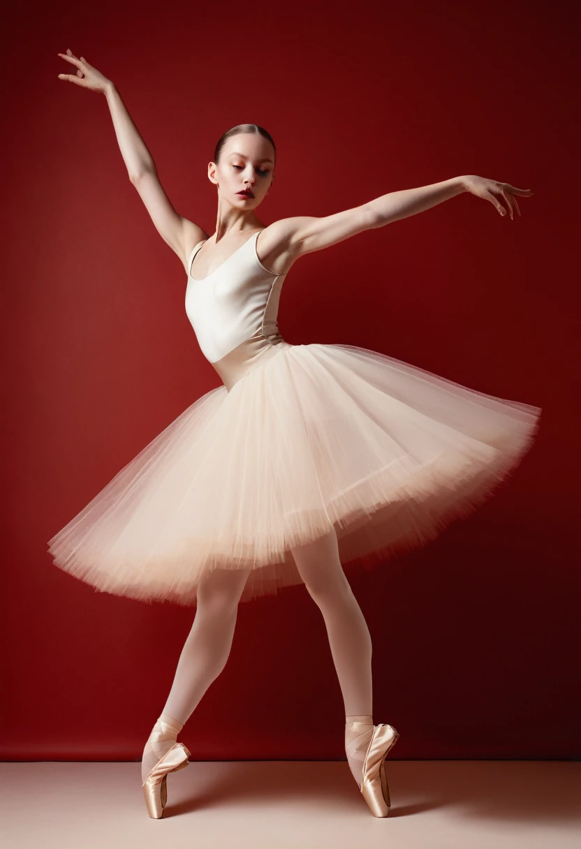 A photograph of a , ballerina. She is dressed in white and light beige, minimalistic style against a red background, in the Tim Walker style of lighting, editorial photography. 