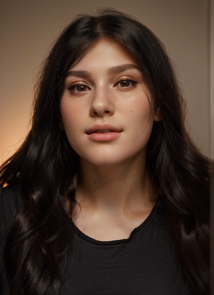 there is a woman with long black hair and a black shirt, ancient libu young girl, realistic restored face, young female face, ancient libu princess, realistically rendered face, photorealiscic face, realistic studio portrait, photo of young woman, aged 13, photo of the girl, young woman's face, hyperrealistic teen