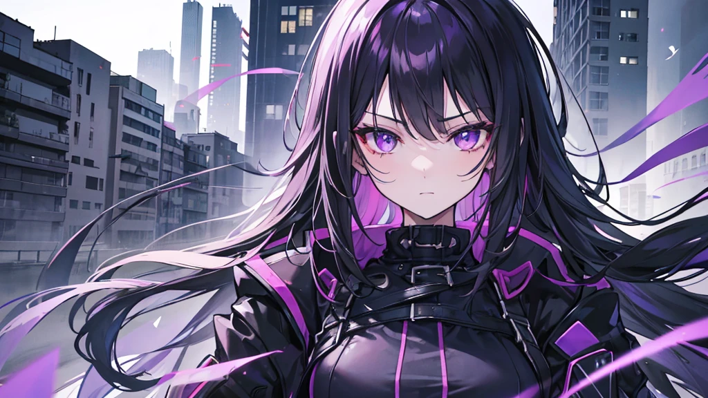 1girl, black long hair, purple eyes, detailed eyes, glaring at viewer, wearing coat, urban ruins, absurdres, high res, ultrasharp, 8K, masterpiece, mature looking, purple aura, close-up