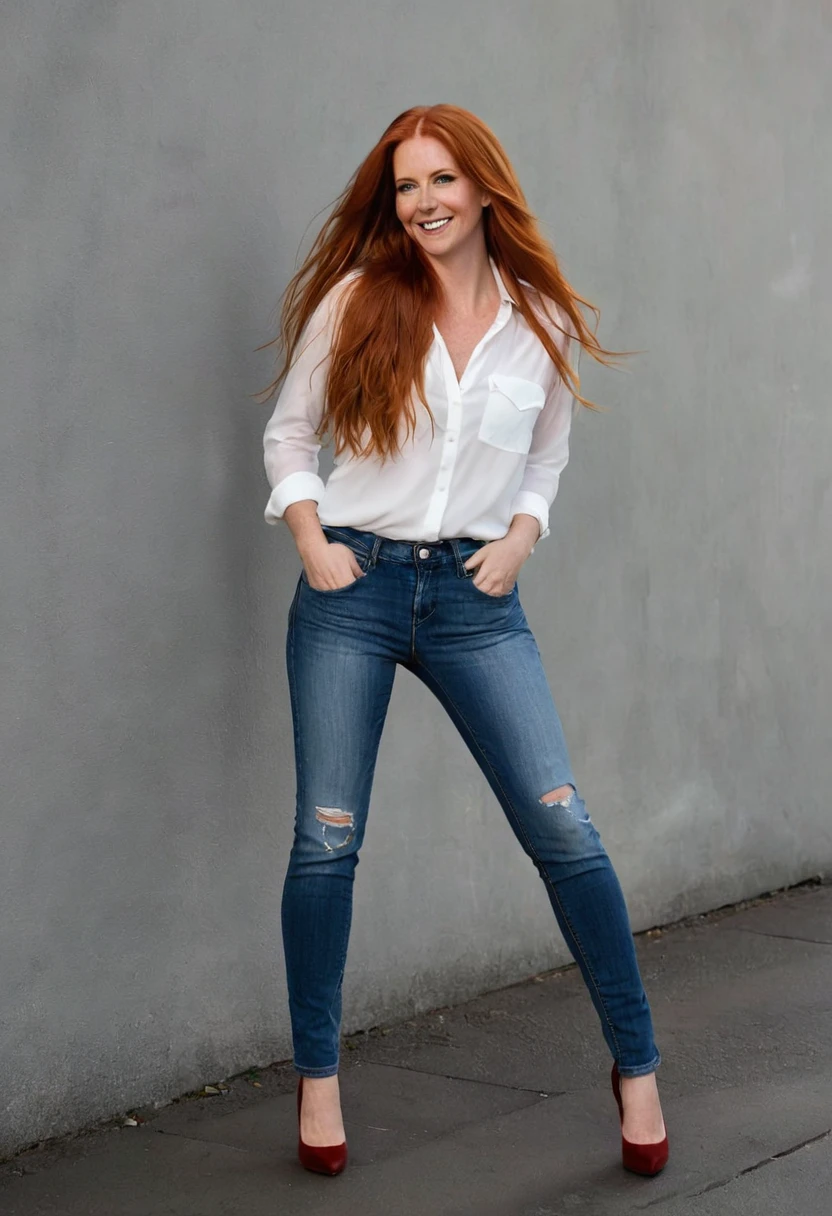 ((extremely beautiful model, tout le corps, 35-year-old woman, scandinave, je l'aime, very very long hair, redhead, very long hair down to the back, marche vers moi)), realistic, sublime shapely breasts, (ripped jeans), large sourire, detailed eyes, dynamic pose in motion. boucles d'oreilles créoles, Bracelets, ultra HD, Art fantastique d'inspiration Royo avec des détails complexes. mignon, Red lips, longs cils,expression charmante, Seductive and intense look, Regarder le spectateur, nice eyes, An ideal figure. sublime and well-shaped breasts, décolleté push-up sublime. (proportions parfaites, head of'artwork, hyperrealistic, head of'artwork, Superior quality, high resolution, extremely detailed, Background'Highly detailed 8K display, fractal details)