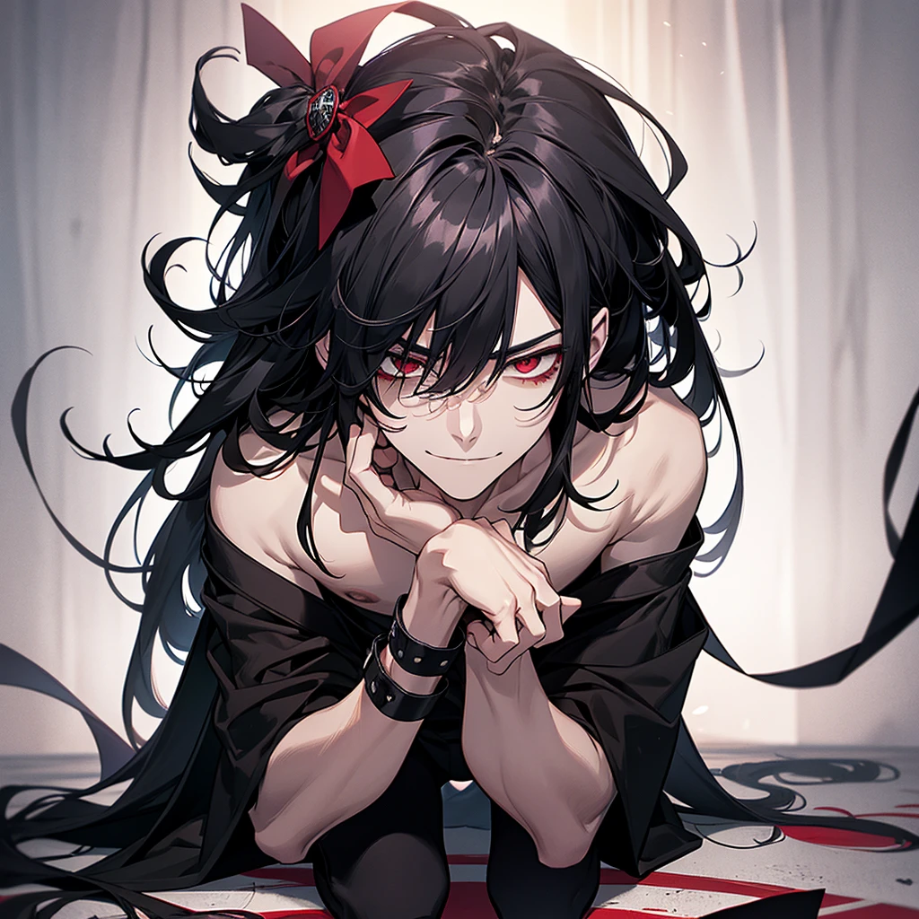 1 male, prisioner, long black hair, red eyes, top view, handcuffed, hands behind back, on his knees, shirtless, bowed, looking up, gesugao, evilness, malice and sadism facial expression, cocky smile, threatening smile