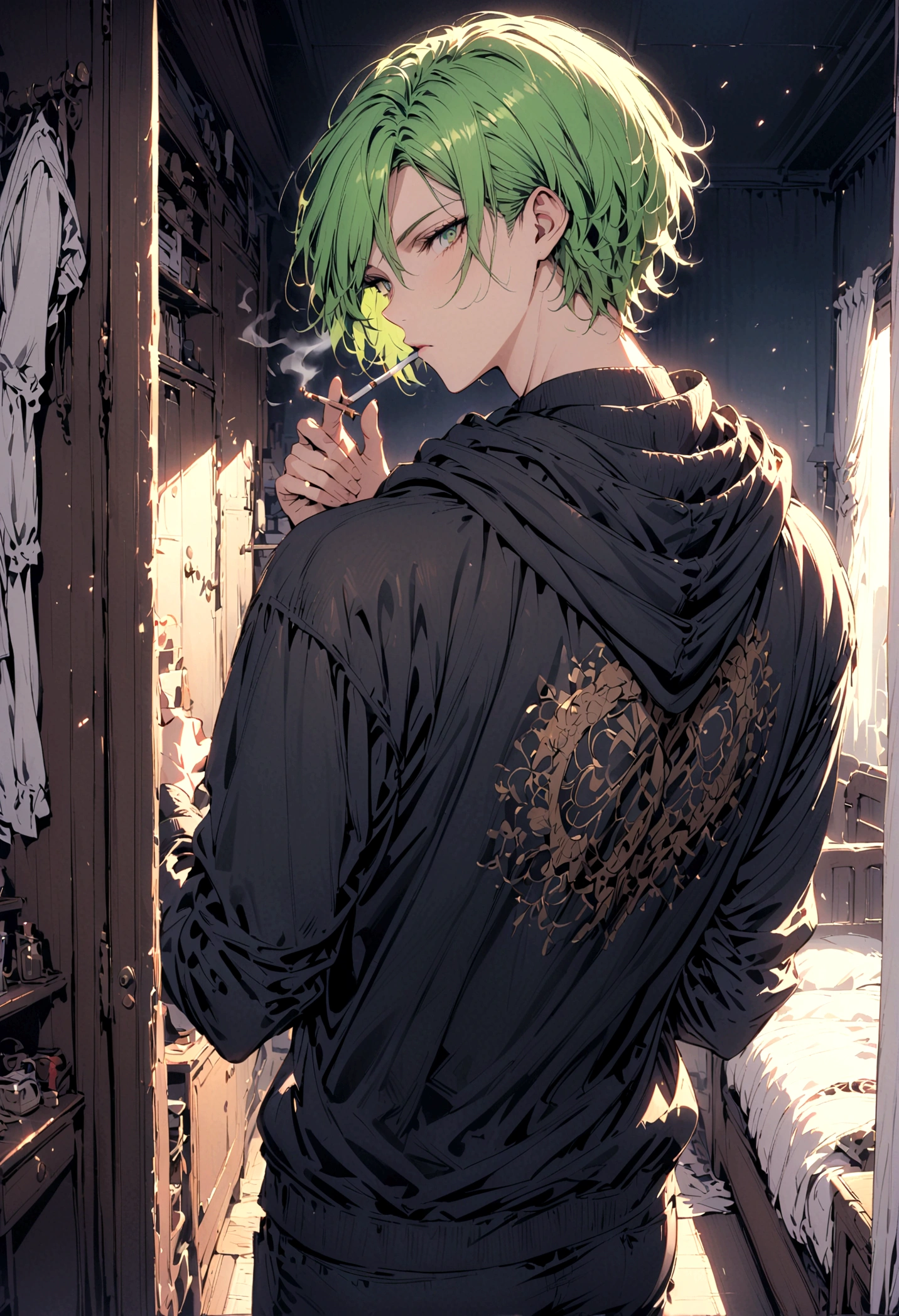 A young man with Green hair, green eyes, a black hoodie stood with his back turned half-face smoking a cigarette in his room at night.