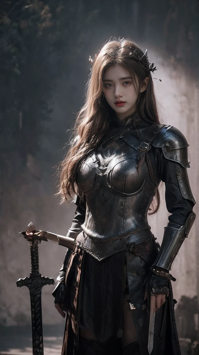 21yo girl,(wearing iron suit),(viking suit),(wearing viking suit),(sword),(grab sword), (holding sword), (knight),natural big breast, plump body,single sidelock hairpin blush modern cinematic lighting,ray tracing,drop shadow wide shot UHD,textured skin,high details,best quality 4K