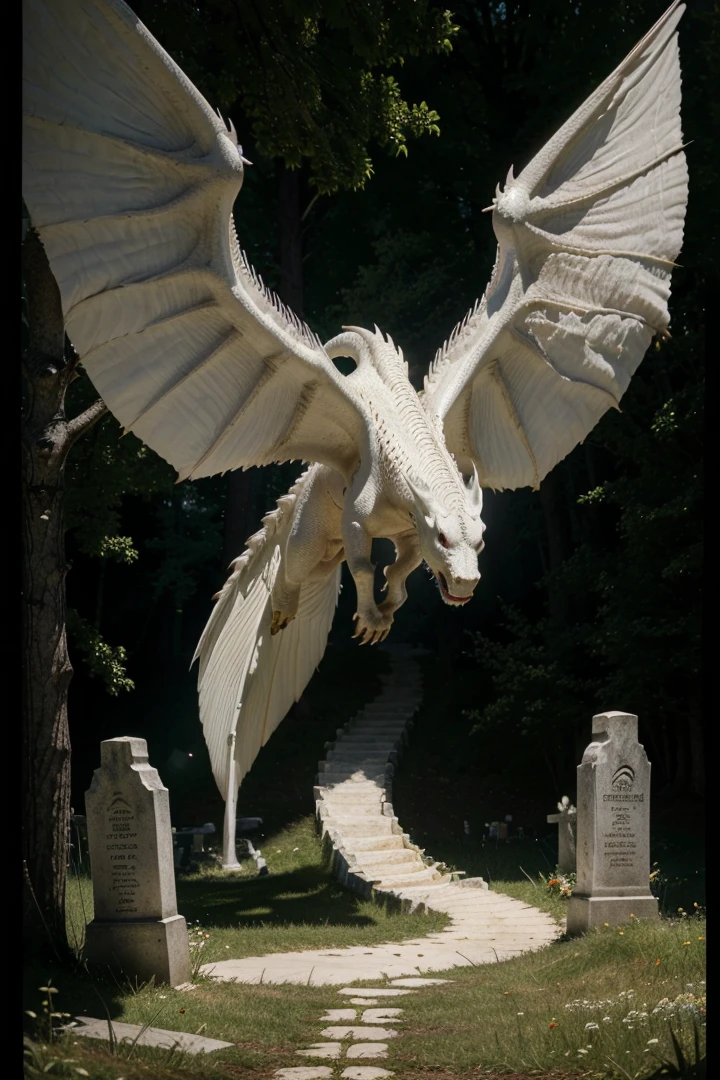 (best quality,4k,highres,masterpiece:1.2),ultra-detailed,(realistic:1.37),light atmosphere,tomb,white dragon emerging from the earth,vector art,detailed,fangs,wings,fire,earth,day,cemetery