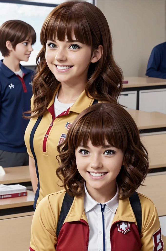 Screenshot of my hero academia girl brown hair red eyes semi curly hair semi short hair with bangs has a happy expression she is wearing the UA uniform and in the background she has a UA school class Anime 
