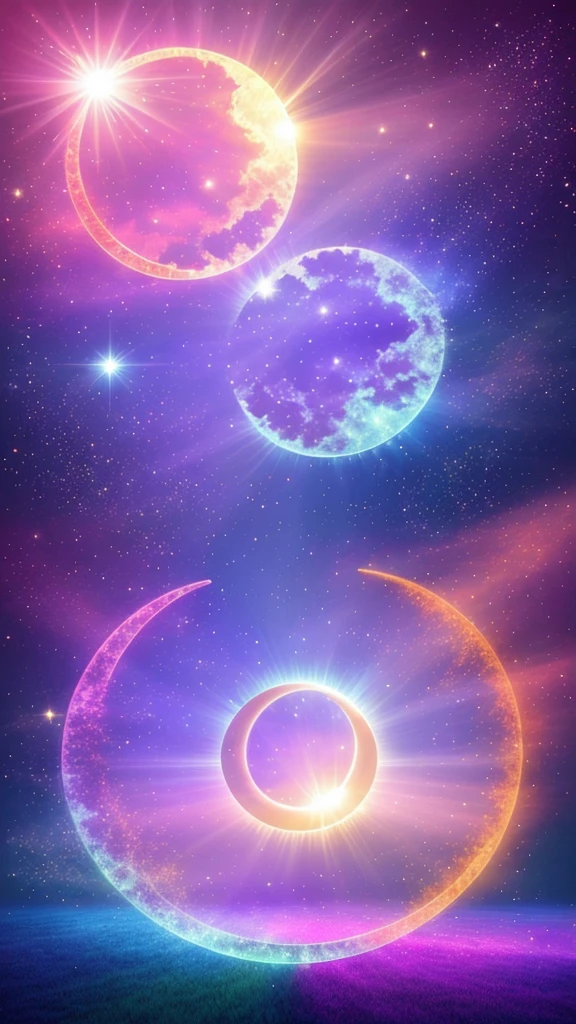Sun and moon dancing, sun rays intertwining. Mystic. Mist and lights. Purple, blue and pink environment. Sparkles.

