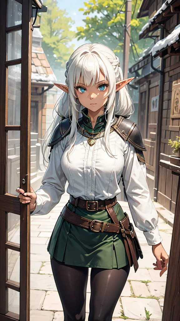 (face focus) (detailed face). Features: An adventurous elf tennager girl, with elven ears, dark skin, brown skinned, a slightly curvy but still flat body and thin waist. She has bright green eyes, big eyes, snow white hair, medium length straight hair, twintail hair style, double ponytail hairstyle and curtain bangs. She has a neutral, apathetic expression on her face. Outfit: She wears black and white adventurer clothes. White coat with buttoned sleeves, a black and white striped shirt underneath, a medium-sized white skirt, a black belt, black pantyhose and brown leather high-boots. Scenario: A dense pine forest by day.
