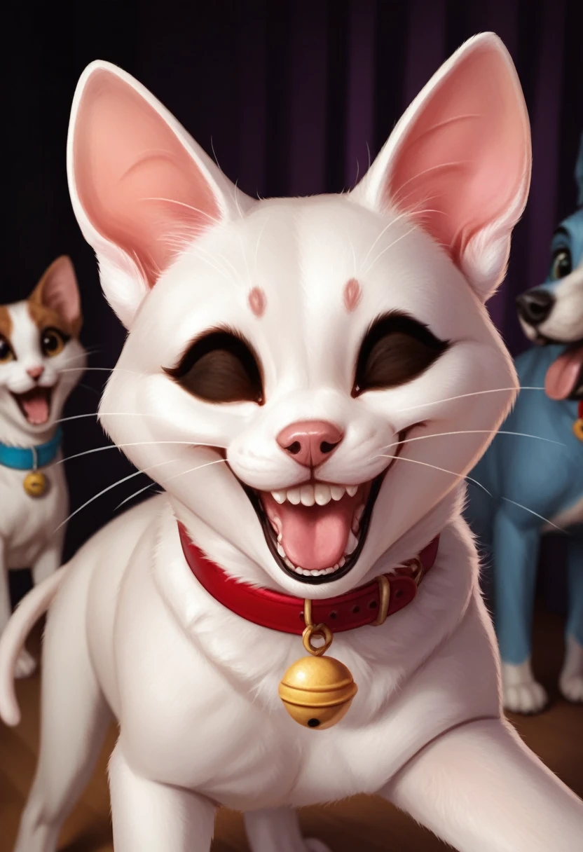 amazing quality, ultra detailed, super realistic, cat and dog rock , happy cat, cute cat, white cat, kind and cutty cat, happy dog, cute dog, cat and dog sing a duet together, concert, smile, singing, extremely detailed, there is a cat that is singing song with dog, happy dog, a cat is smiling, smiling cat, happy with his mouth open, funny cat, soft lulling tongue, cat photo, dog photo, laughing and yelling, cute cat and dog photo, with mouth open, cat, dog, smileeeeeee, photo of a cat, white background, music playing, cat singing with microphone, mouse open, realistic cat. eyes closed in pleasure, red collar. make teeth natural looking and detailed. shiny red collar. Realistic super detailed teeth, pleasure and fun