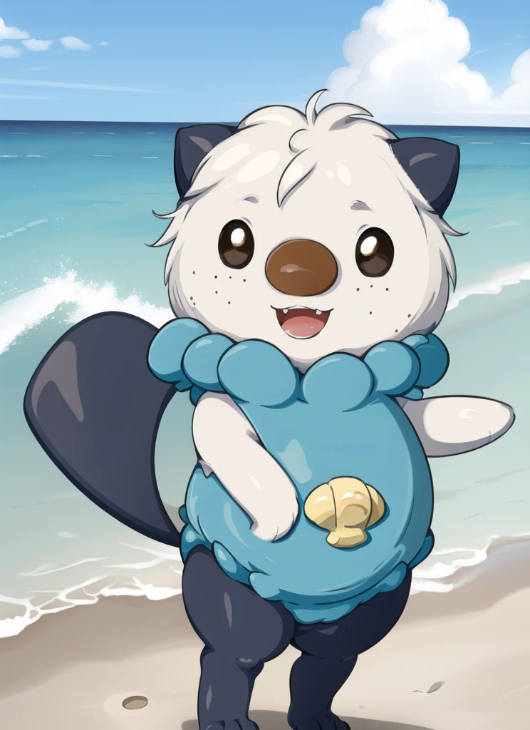 oshawott, furry, chibi, black eyes, solo, seashell, body fur, (best quality), beach background, detailed fluffy fur, looking at viewer, whiskers, smile, nose, (tail:1.1),