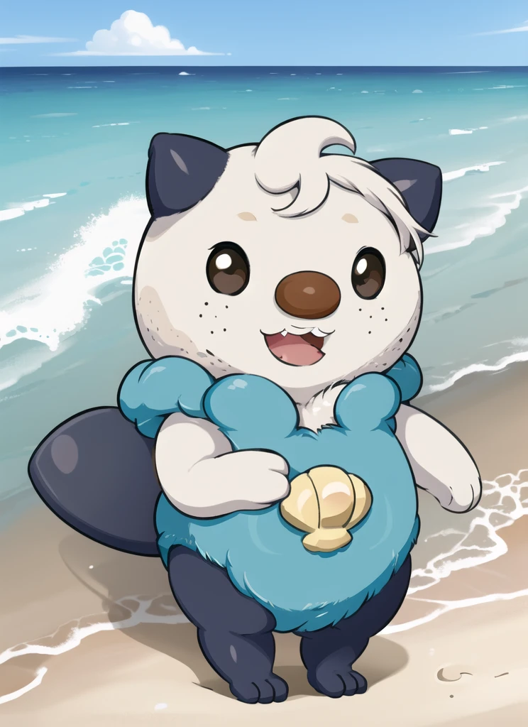 oshawott,no humans, furry, chibi, black eyes, solo, seashell, body fur, (best quality), beach background, detailed fluffy fur, looking at viewer, whiskers, smile, nose, (tail:1.1),
