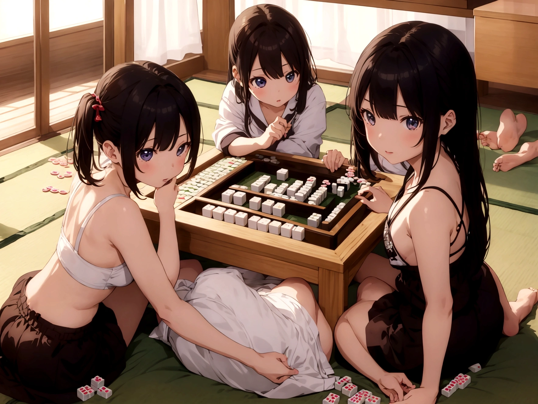 Four girls playing strip mahjong at the kotatsu、A girl in underwear、Girl undressing