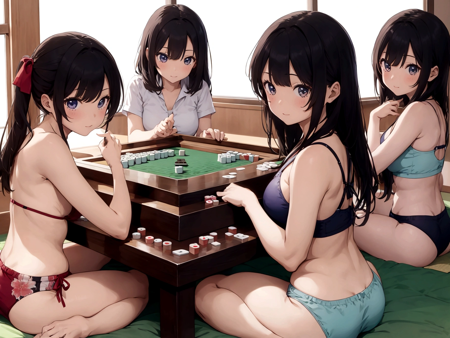 Four girls playing strip mahjong at the kotatsu、A girl in underwear、Girl undressing
