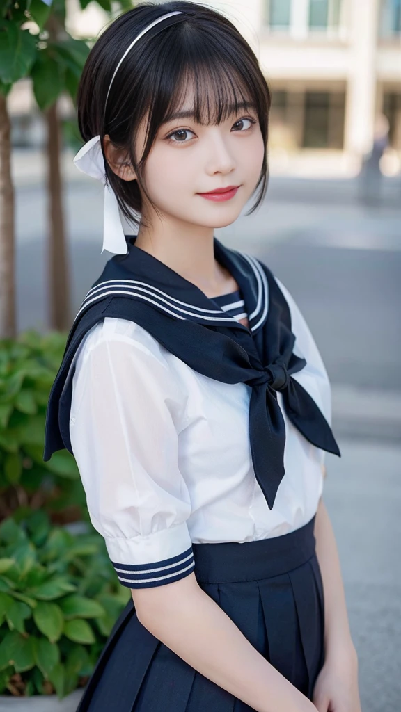 Black Hair、(School-designated sailor uniform:1.3)、short hair、hair accessory、Laugh a little、See-through、High-quality panties available、(Highest quality,masterpiece:1.3,Ultra-high resolution,),(Ultra-detailed,Caustics),(Photorealistic:1.4,RAW shooting,)Ultra-Realistic Capture,Very detailed,High resolution 16K human skin closeup。 The skin texture is natural、Detailed face and eyes、