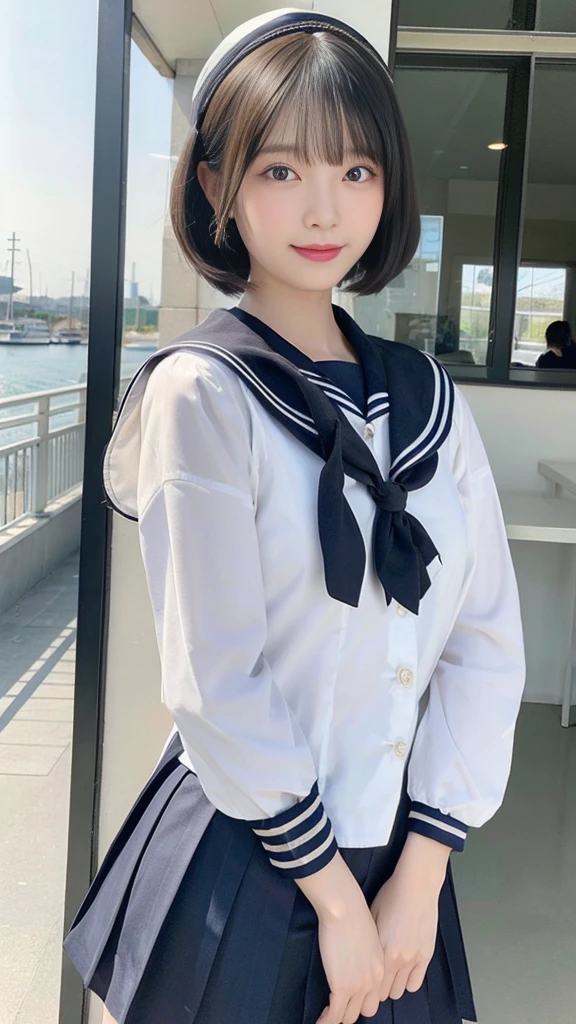 Black Hair、(School-designated sailor uniform:1.3)、short hair、hair accessory、Laugh a little、See-through、High-quality panties available、(Highest quality,masterpiece:1.3,Ultra-high resolution,),(Ultra-detailed,Caustics),(Photorealistic:1.4,RAW shooting,)Ultra-Realistic Capture,Very detailed,High resolution 16K human skin closeup。 The skin texture is natural、Detailed face and eyes、