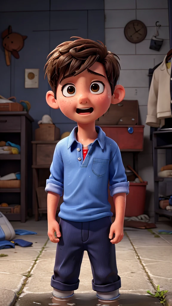 Close-up of the boy's wet pants, showing his panic and fear of being discovered.