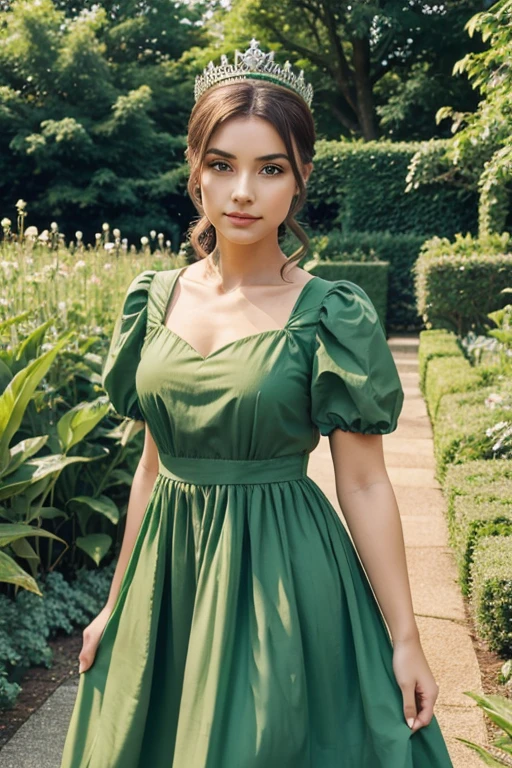 Girl with crown in green dress in a green garden