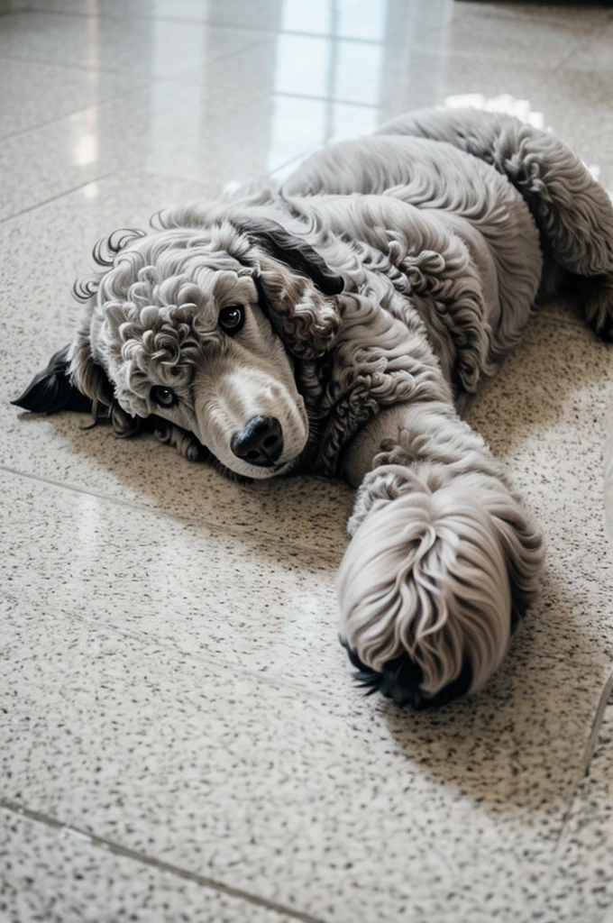 Gray poodle lying on a white ceramic floor