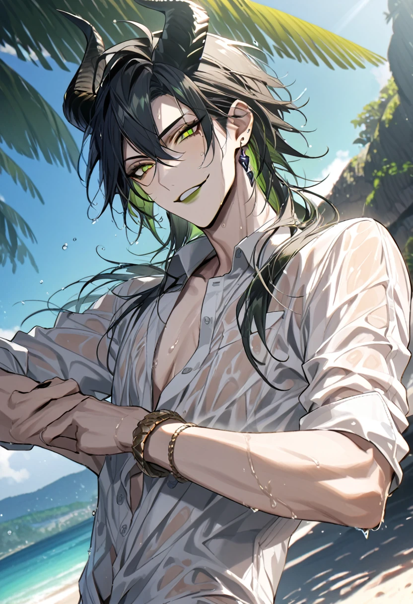 ((masterpiece:1.4, best quality)), (Ultra detailed background), 1boy, handsome man, highly detailed beautiful face and eyes, white hair, beautiful eyes, (sharp detail:1.3), shiny, earrings, bracelet, (wet clothes:1.3), Shirts, Bari, Cebu Island, plumeria, near the beach, stretch,lie on one's back, dynamic angle, malleus draconia (twisted wonderland) horns, bishounen, boy, male, yana Toboso style, long hair, black hair, yellow green eyes, smile, gray lips, handsome, skinny, tall, yellow green glow,