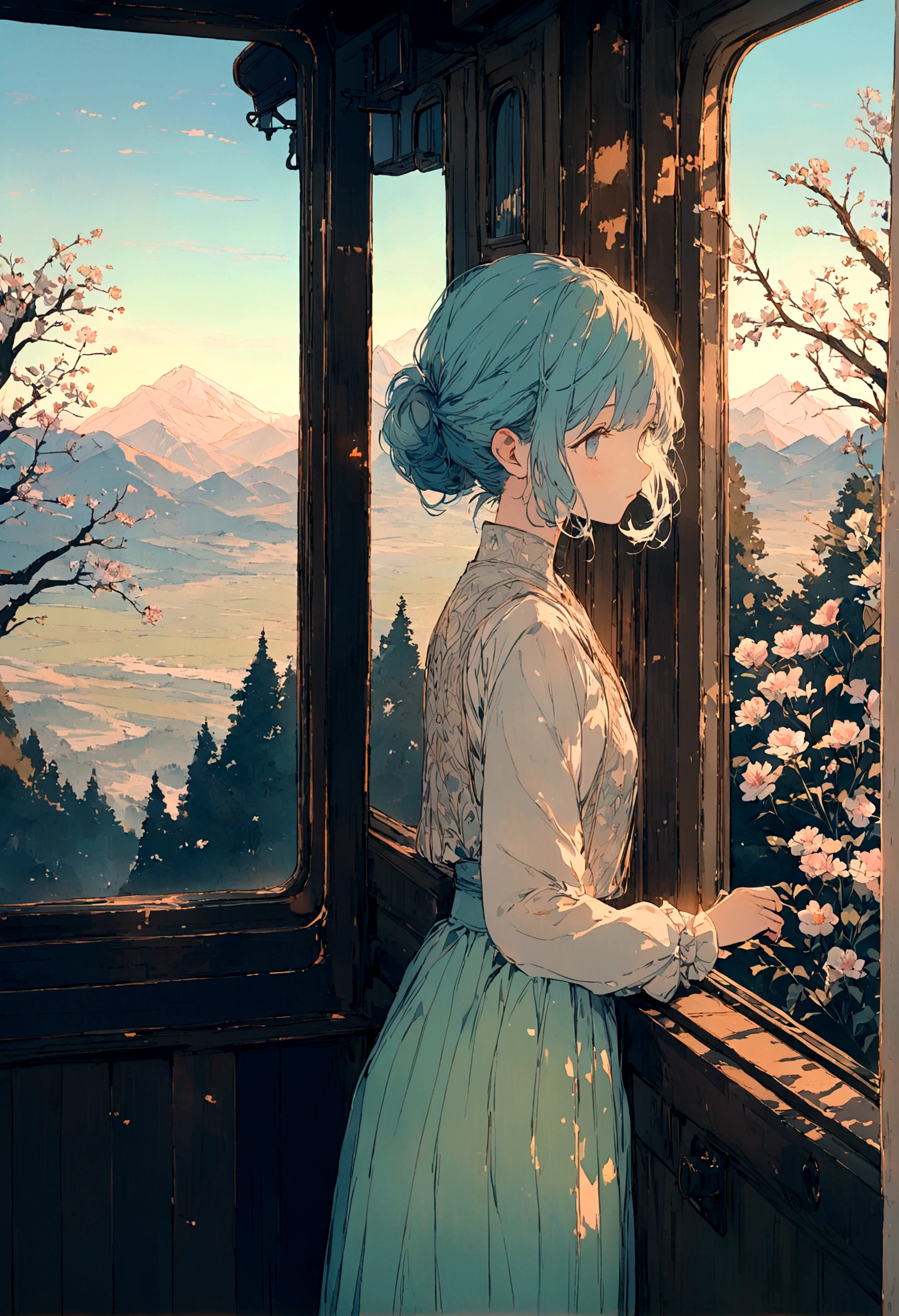 A charming scene of a young  looking out from the window of a vintage train, Outside, a picturesque landscape unfolds with blooming flowers, tall trees, and distant mountains under a bright blue sky. The atmosphere is tranquil, highlighting the innocence and curiosity of the . Created Using: detailed linework, soft lighting, pastel colors, naturalistic textures, hd quality
