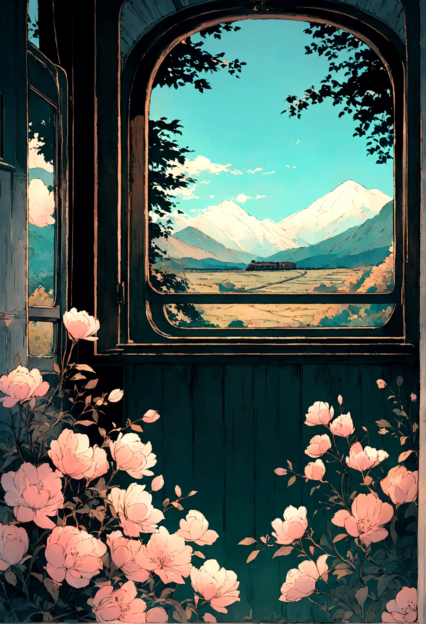 A charming scene of a young  looking out from the window of a vintage train, Outside, a picturesque landscape unfolds with blooming flowers, tall trees, and distant mountains under a bright blue sky. The atmosphere is tranquil, highlighting the innocence and curiosity of the . Created Using: detailed linework, soft lighting, pastel colors, naturalistic textures, hd quality
