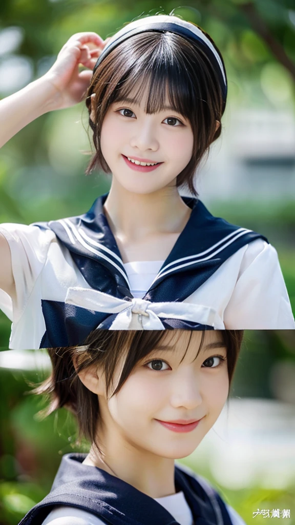 Black Hair、(School-designated sailor uniform:1.3)、short hair、hair accessory、Laugh a little、See-through、High-quality panties available、(Highest quality,masterpiece:1.3,Ultra-high resolution,),(Ultra-detailed,Caustics),(Photorealistic:1.4,RAW shooting,)Ultra-Realistic Capture,Very detailed,High resolution 16K human skin closeup。 The skin texture is natural、Detailed face and eyes、