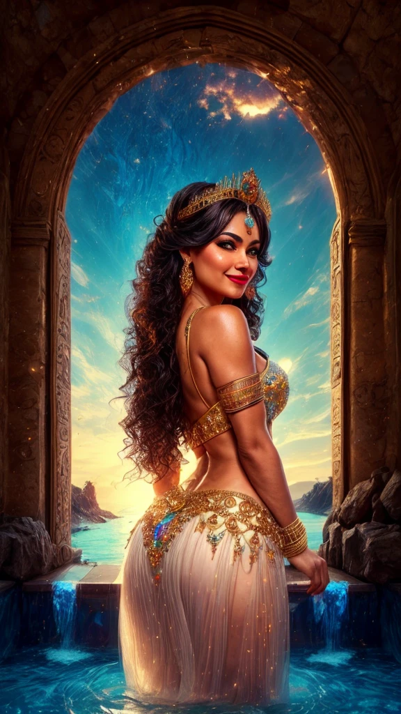 Full body pose, Latina, 40 years old Daisy Marie, 34dd's naturals, round firm butt, as a Egyptian Queen goddess with golden trimmed see-through body hugging skin-tight white dress, body silhouette seen under and ornated with Egyptian Royalty jewelry, masterpiece, best quality, highly detailed,  official art extremely detailed CG unity 8k wallpaper, 8k resolution, absurdres, full body, female, queen, goddess, idol, solo, makihitsuji, short eyebrows, V v-shaped eyebrows, gradient_eyes, tsurime, heart-shaped mouth, lipstick, 2D blush stickers, blush, jitome, naughty face, nose blush, smug, thinking, seductive smile, smirk, grin, hair over shoulder, long hair, hair between eye, braided bangs, blunt bangs, shiny hair, hair behind ear, crescent hair ornament, hair flower, hair rings, bracelet, drop earrings, puppet rings, sapphire brooch, jewelry, necklace, bangle, pendant, stud earrings, sunburst, hoop earrings, gauntlets, arm strap, skirt lift, lace trim, spaghetti strap, armlet, nail polish, make up, stain glass, mosaic background, colourful glass, ceiling window, water vapor, city, temple, stadium, fountain, standing, arched back, head tilt, leaning forward, hand on own stomach, hand to mouth, looking to the side, dramatic angle, stare, look at viewer, cocked eyebrow, castle, swimming pool, tunnel, in summer, sun, sky, meteor shower, hills, on a desert, plateau, cliff, canyon, oasis, waterfall, stream